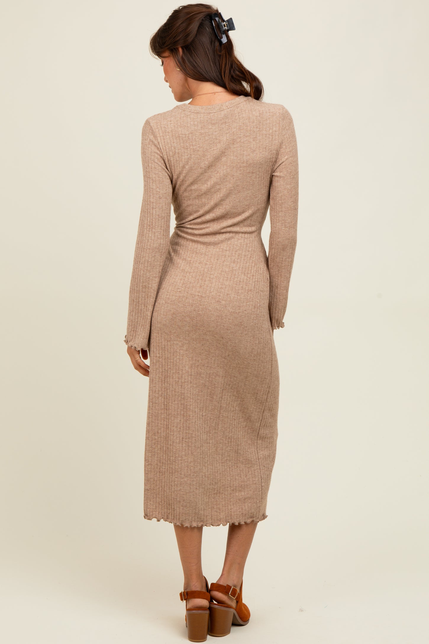Camel Ribbed Ruffle Accent Long Sleeve Midi Dress