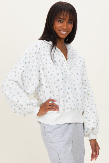 Ivory Floral Bubble Sleeve Snap Collar Sweatshirt