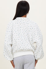 Ivory Floral Bubble Sleeve Snap Collar Sweatshirt