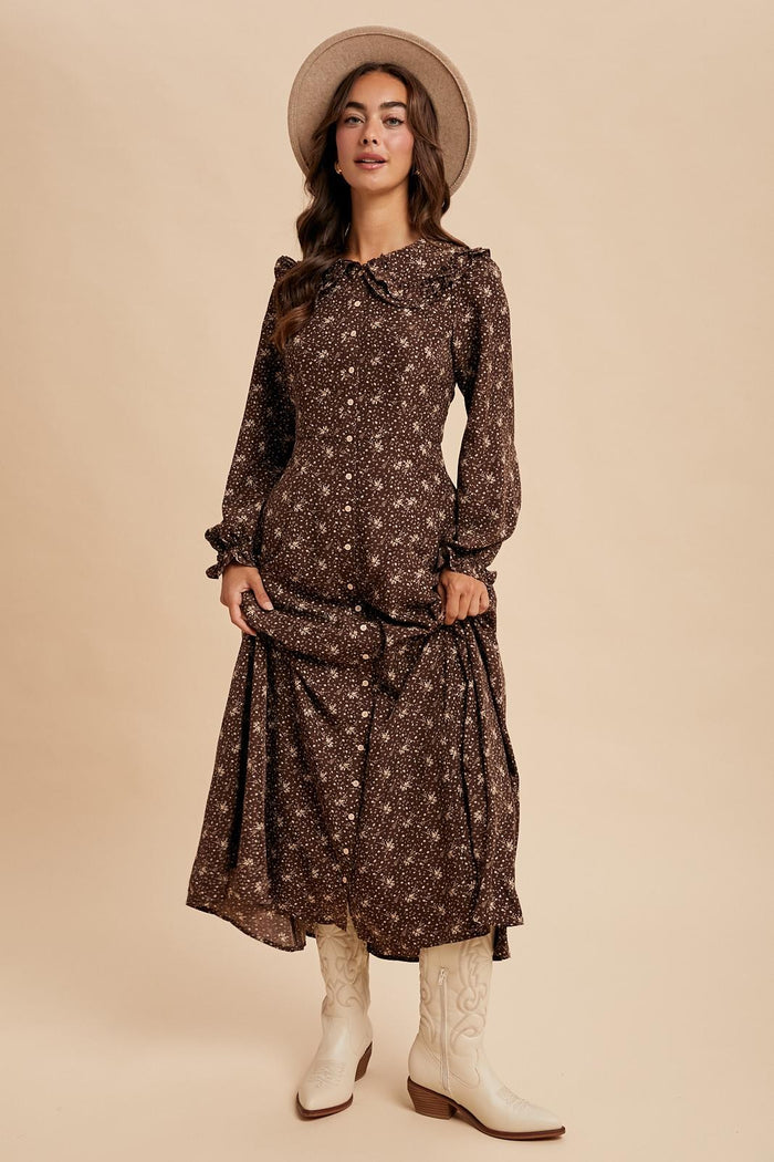 Brown Statement Collar Button Down Maxi Dress