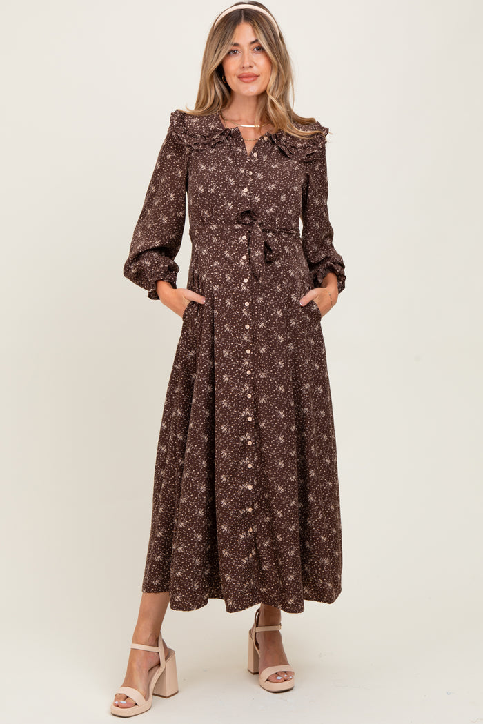 Brown Statement Collar Button Down Maternity Maxi Dress