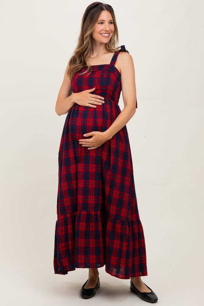 Red Plaid Sleeveless Cotton Maternity Maxi Dress