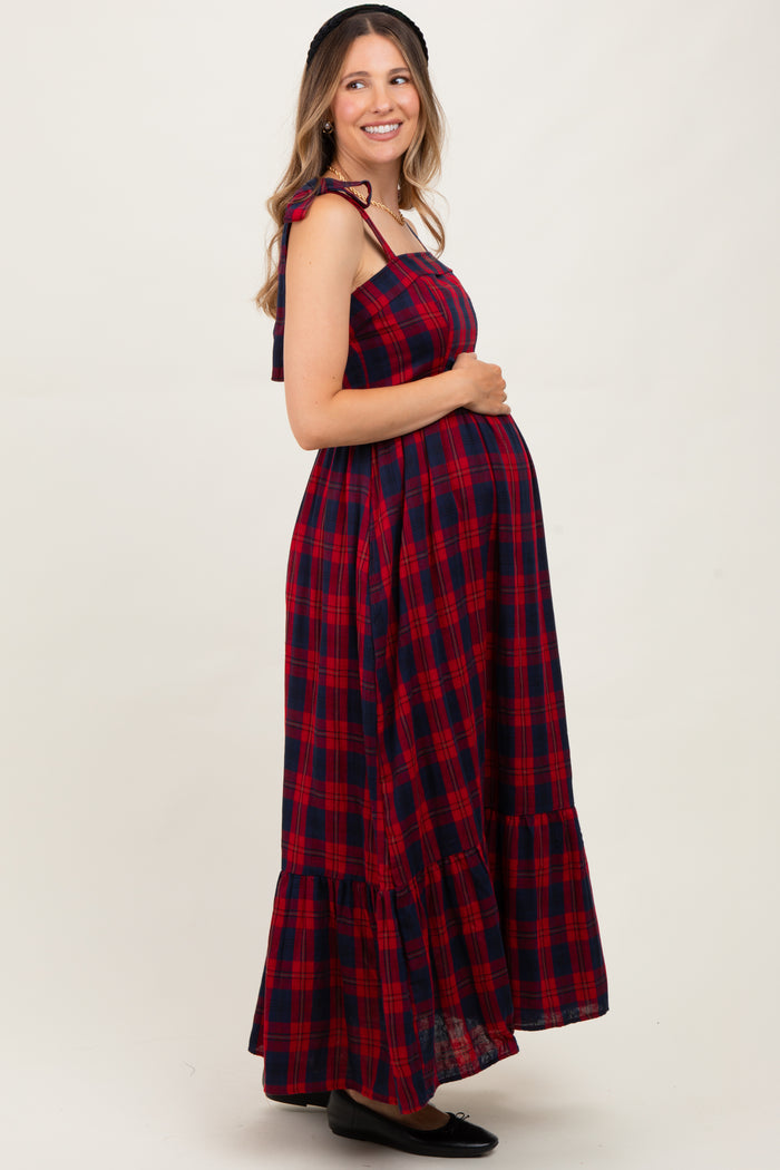 Red Plaid Sleeveless Cotton Maternity Maxi Dress