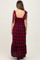 Red Plaid Sleeveless Cotton Maternity Maxi Dress