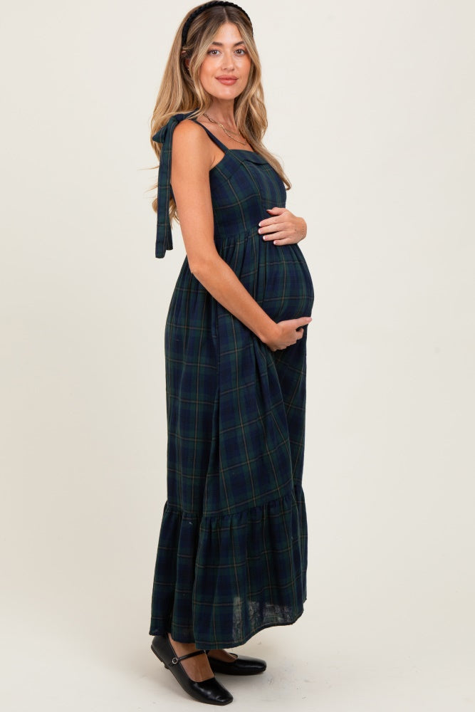 Hunter Green Plaid Sleeveless Cotton Maternity Maxi Dress