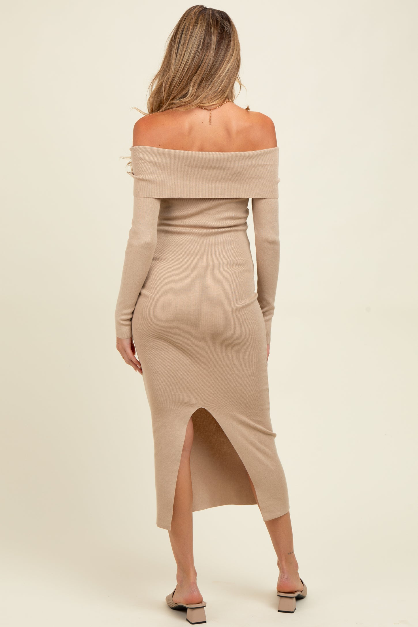 Beige Knit Off Shoulder Long Sleeve Maternity Midi Dress