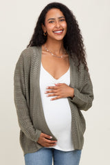 Olive Crochet Knit Scallop Detail Open Maternity Cardigan