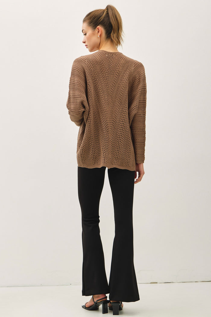 Brown Crochet Knit Scallop Detail Open Cardigan