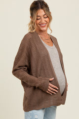 Brown Crochet Knit Scallop Detail Open Maternity Cardigan