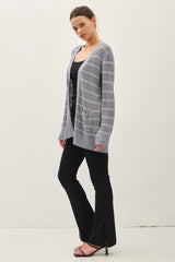 Blue Grey Fine Knit Striped Open Cardigan