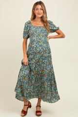 Blue Floral Smocked Tiered Maternity Midi Dress