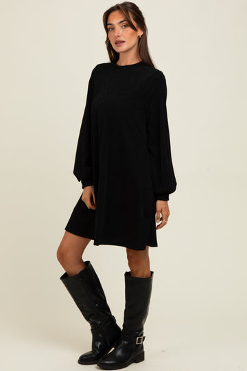 Black Ribbed Mock Neck Bubble Sleeve Dress
