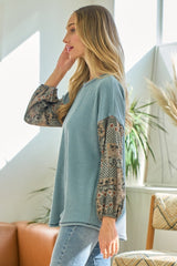 Light Blue Floral Ribbed Colorblock Long Sleeve
