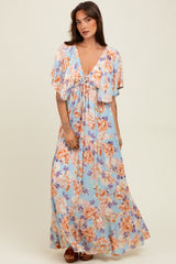 Light Blue Floral Flyway Sleeve V-Neck Tiered Maternity Maxi Dress