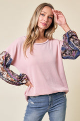 Light Pink Floral Ribbed Knit Colorblock Maternity Long Sleeve Top