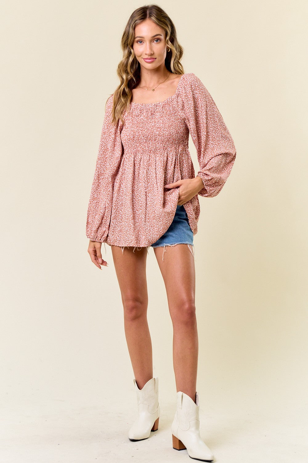 Mauve Printed Smocked Tunic Top