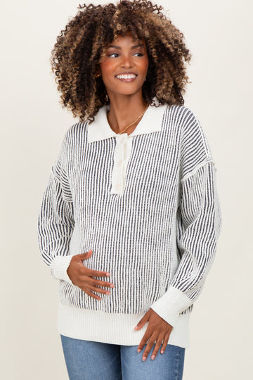 Charcoal Two Tone Stripe Textured Henley Neck Maternity Sweater Top
