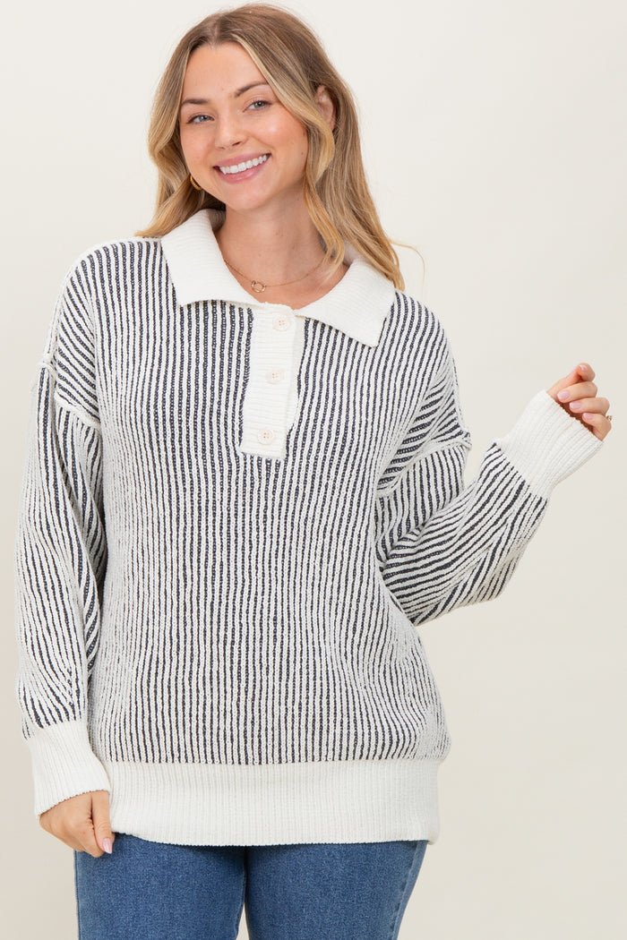 Charcoal Two Tone Stripe Textured Henley Neck Maternity Sweater Top