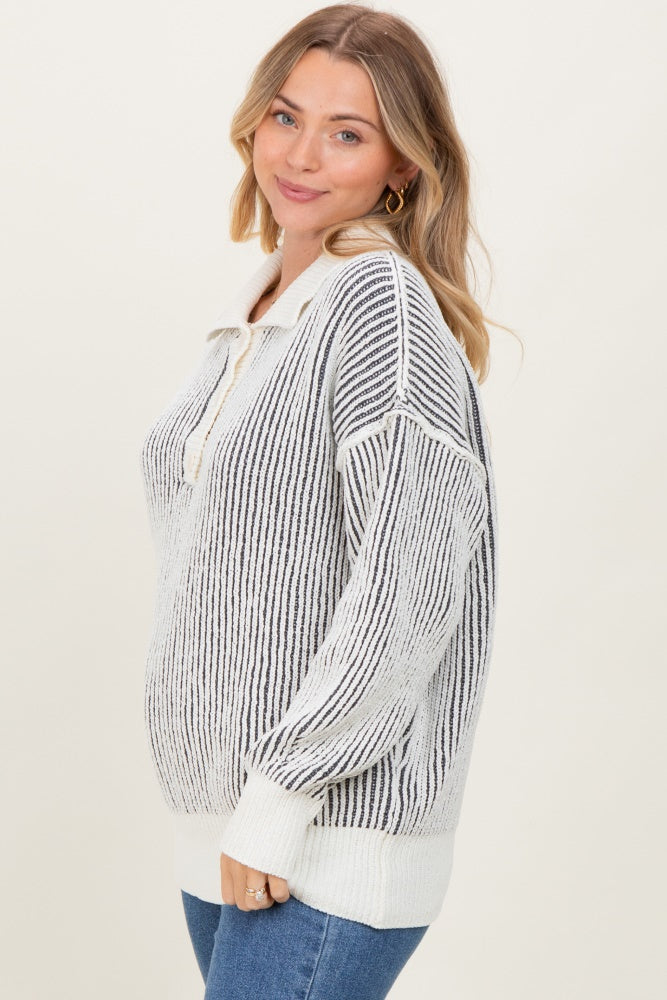 Charcoal Two Tone Stripe Textured Henley Neck Sweater Top
