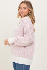 Light Pink Two Tone Stripe Textured Henley Neck Sweater Top