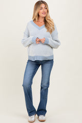 Blue Two Tone Ribbed V-Neck Chenille Maternity Sweater