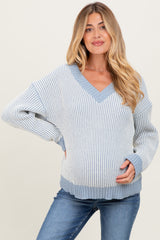 Blue Two Tone Ribbed V-Neck Chenille Maternity Sweater