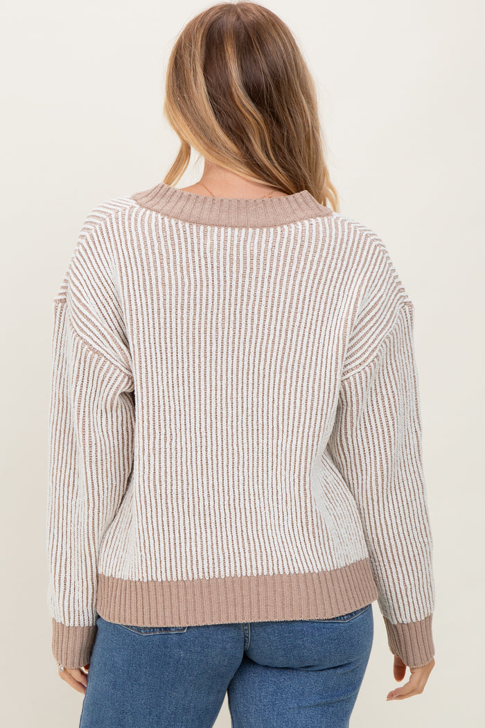 Mocha Two Tone Ribbed V-Neck Chenille Maternity Sweater
