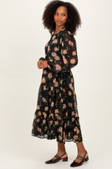 Black Multi Floral Tiered Button Down Maxi Dress