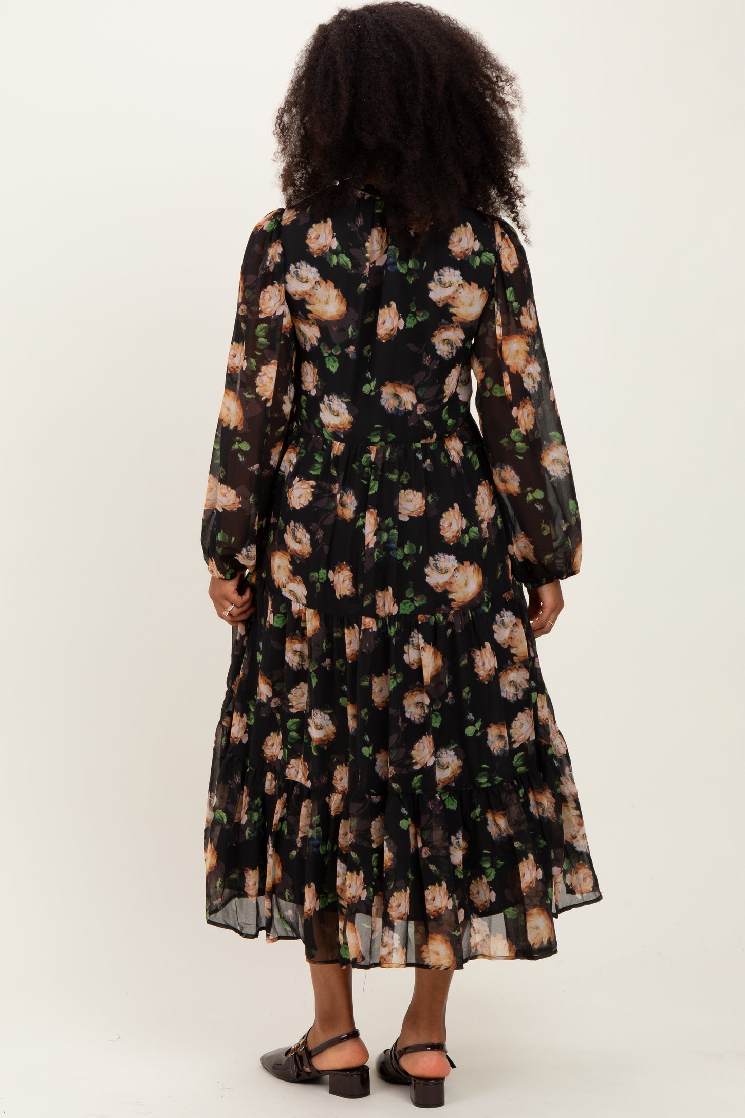 Black Multi Floral Tiered Button Down Maxi Dress