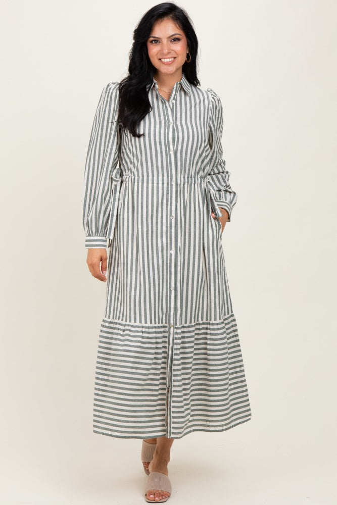 Green Striped Collared Button Down Waist Tie Maxi Dress