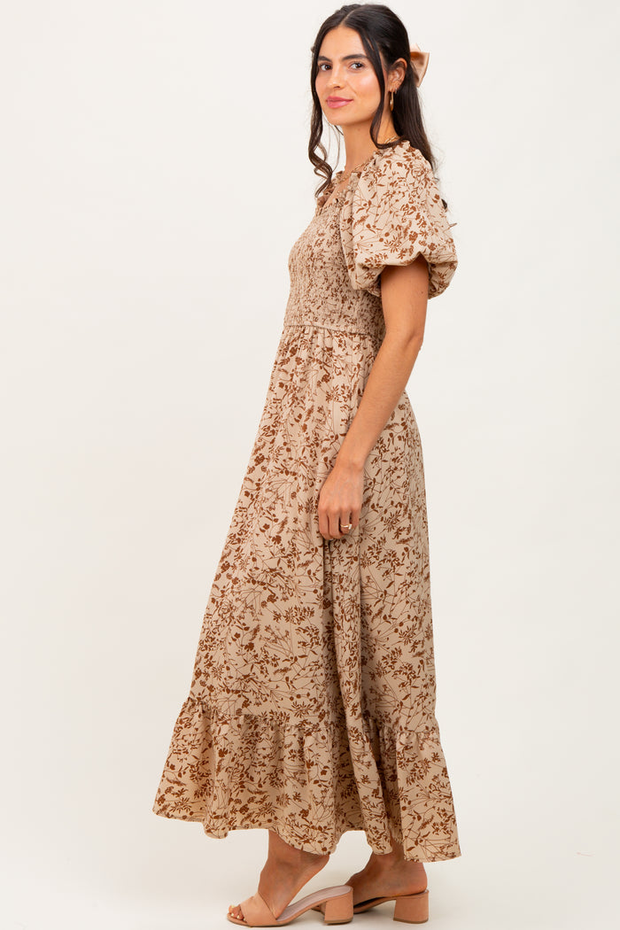 Mocha Leaf Print Smocked Square Neck Puff Sleeve Maxi Dress