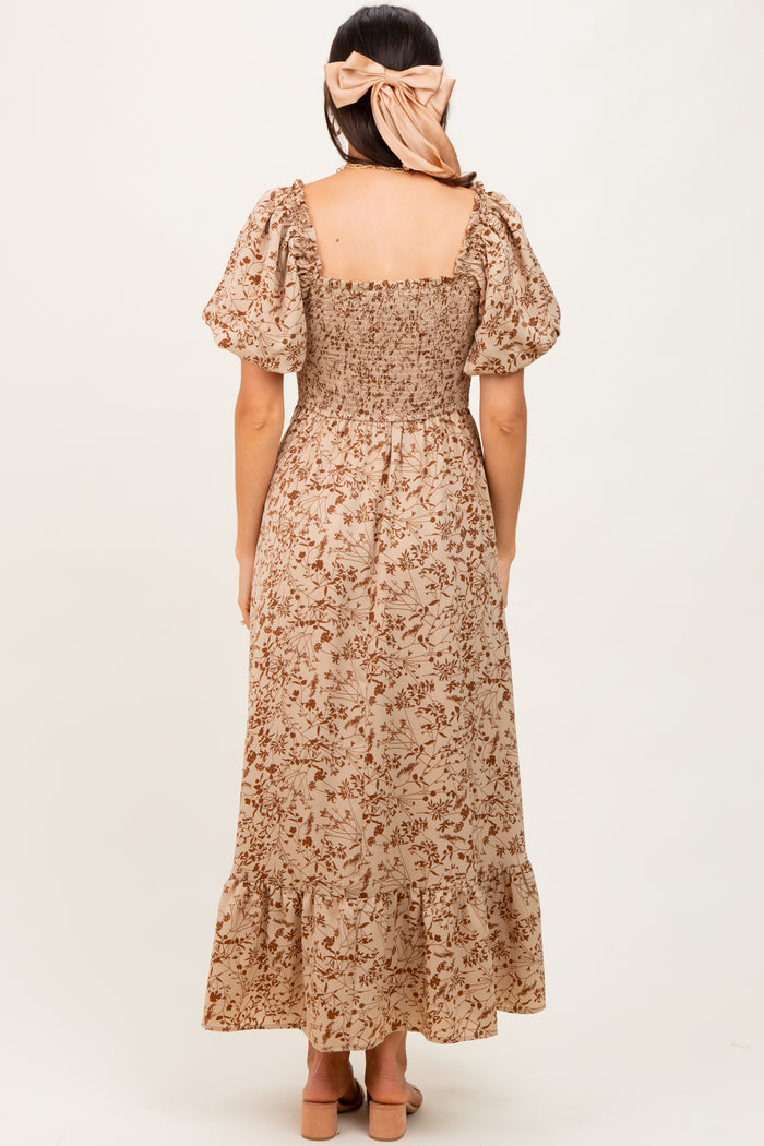 Mocha Leaf Print Smocked Square Neck Puff Sleeve Maxi Dress