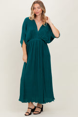 Forest Green Pleated Satin Dolman Sleeve Maxi Dress