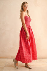 Red Gingham Smocked Ruffle Accent Maxi Dress