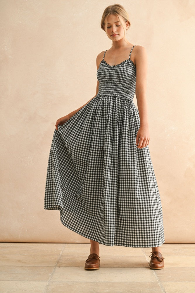 Black Gingham Smocked Ruffle Accent Maxi Dress