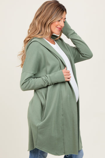 Light Olive Hooded Long Maternity Cardigan