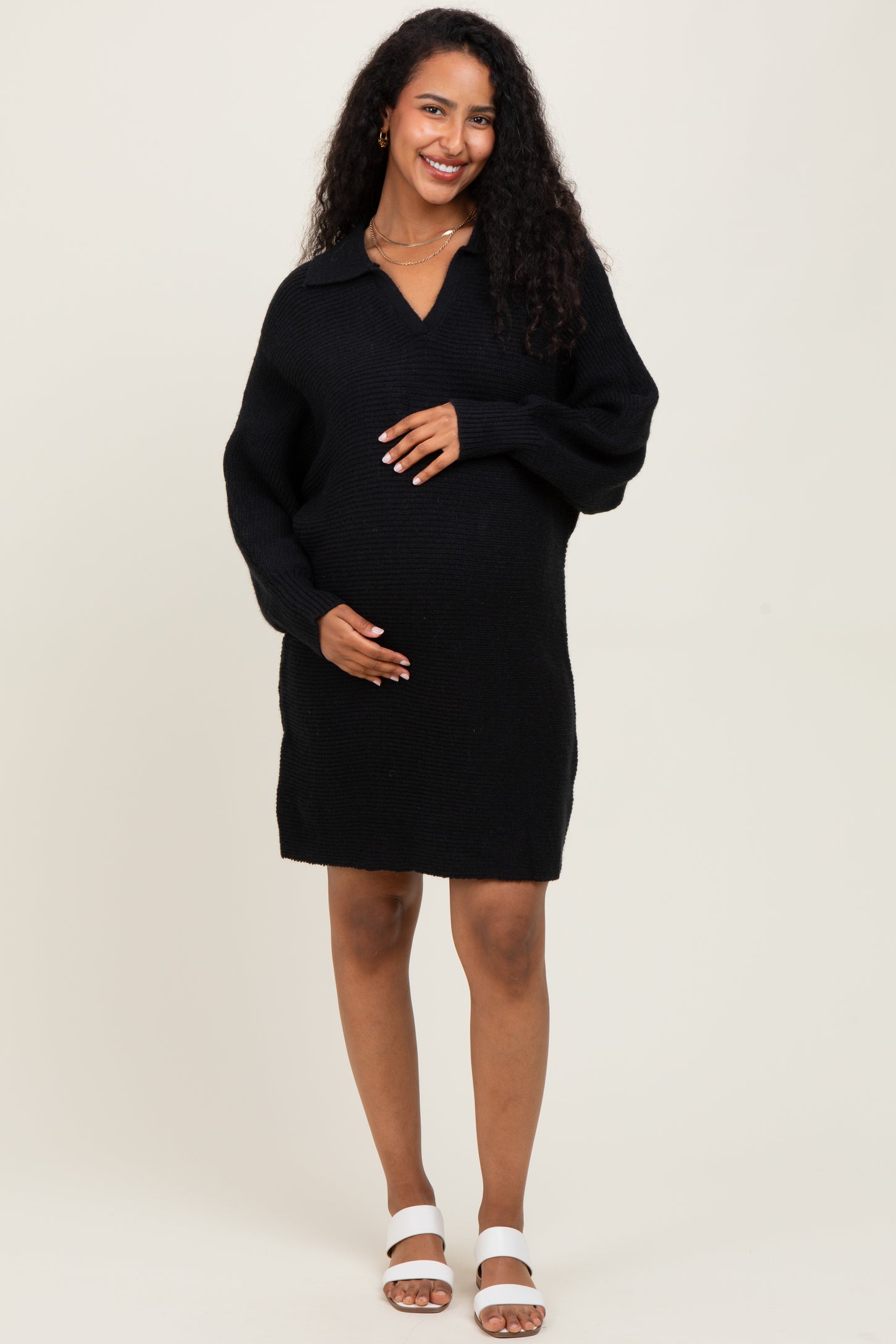 Black Chunky Knit Collared Maternity Sweater Dress