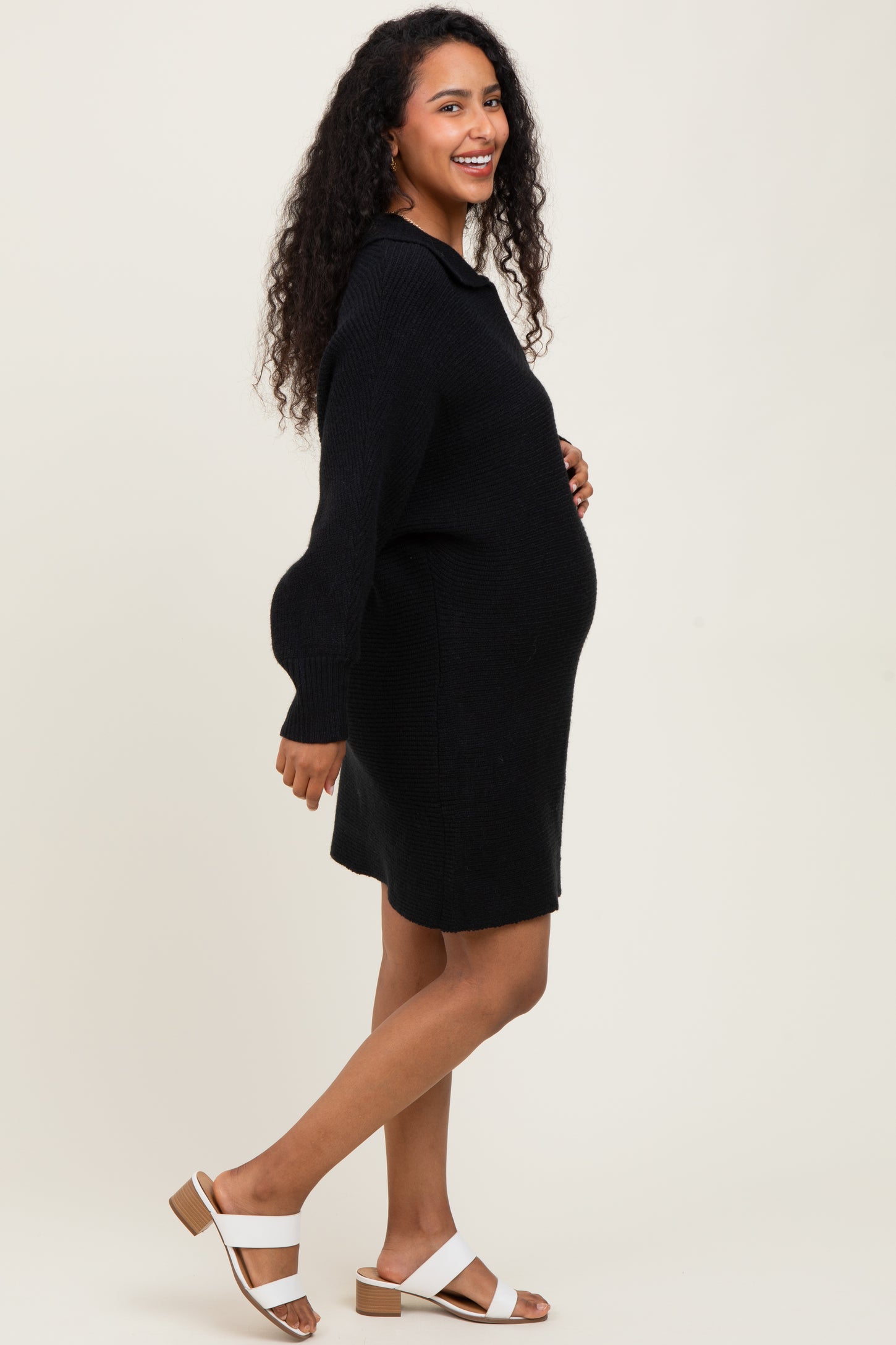 Black Chunky Knit Collared Maternity Sweater Dress