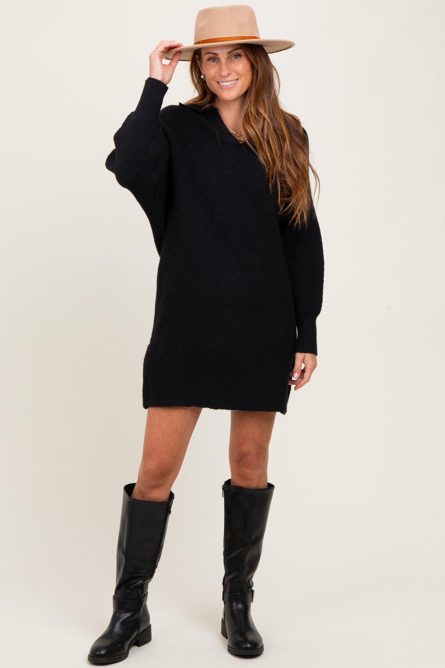Black Chunky Knit Collared Maternity Sweater Dress