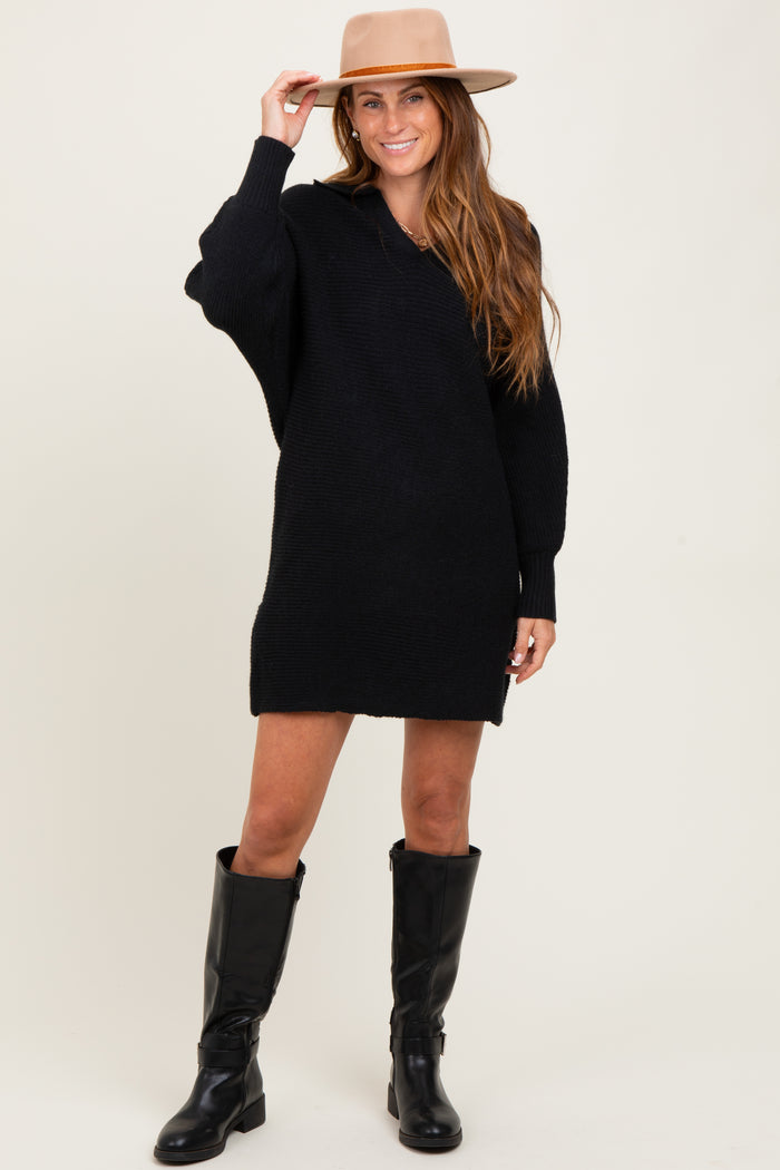 Black Chunky Knit Collared Maternity Sweater Dress