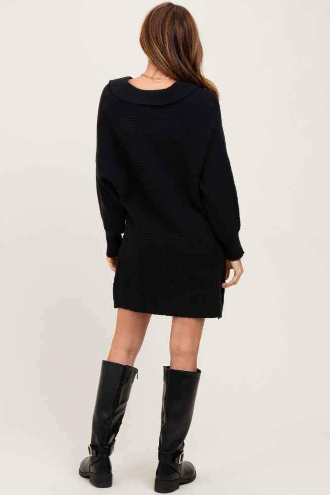 Black Chunky Knit Collared Sweater Dress