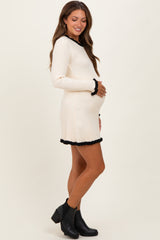 Ivory Ribbed Knit Contrast Ruffle Trim Maternity Mini Dress