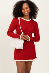 Red Ribbed Knit Contrast Ruffle Trim Maternity Mini Dress
