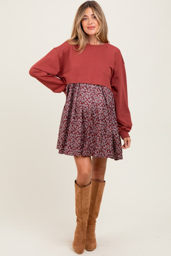 Burgundy Floral Sweatshirt Contrast Maternity Dress