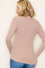 Beige Fine Rib Scoop Neck Long Sleeve Top