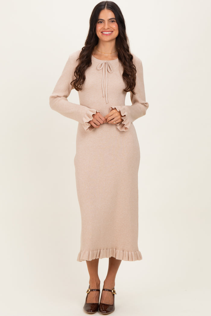 Beige Ribbed Knit Ruffle Trim Midi Sweater Dress