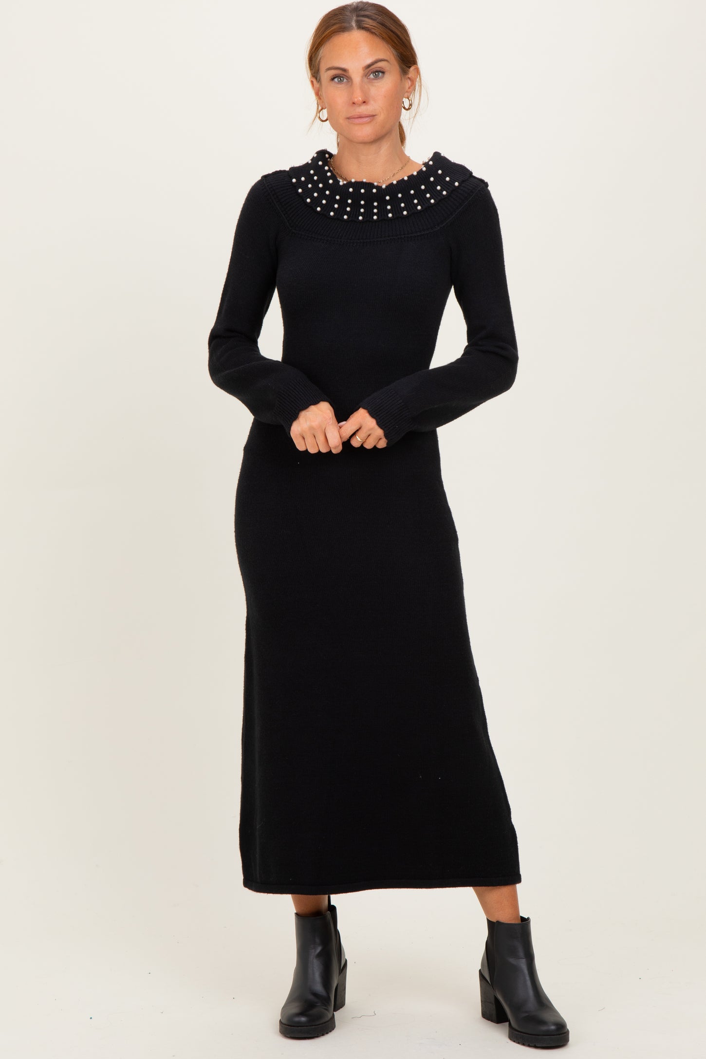 Black Faux Pearl Detail Off Shoulder Sweater Dress