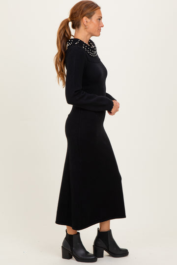 Black Faux Pearl Detail Off Shoulder Sweater Dress