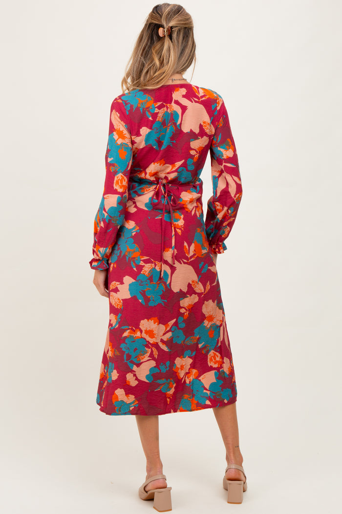 Burgundy Floral V-Neck Long Sleeve Maternity Dress