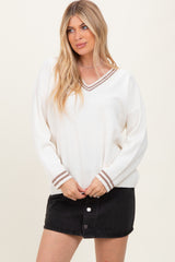 Ivory Deep V-Neck Border Stripe Sweater